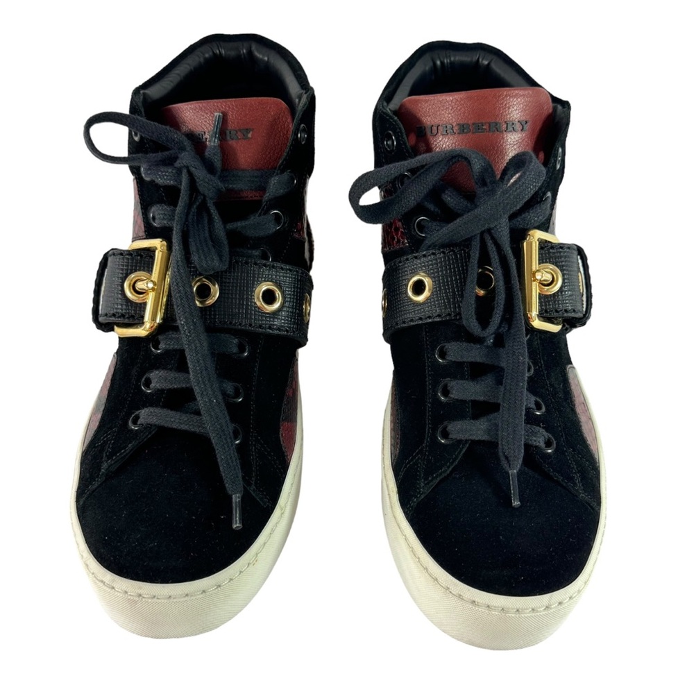 BURBERRY Black & Burgundy Leather Snake Print Buckle Women's Sneakers 38.5-8.5US